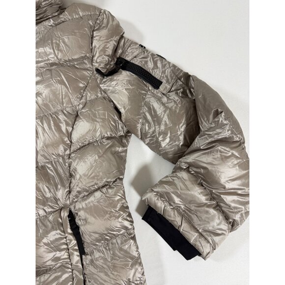 Y2K Andrew Marc XXL Metallic Hooded Down Puffer Coat 650 Fill Taupe Minimalist - Picture 7 of 14